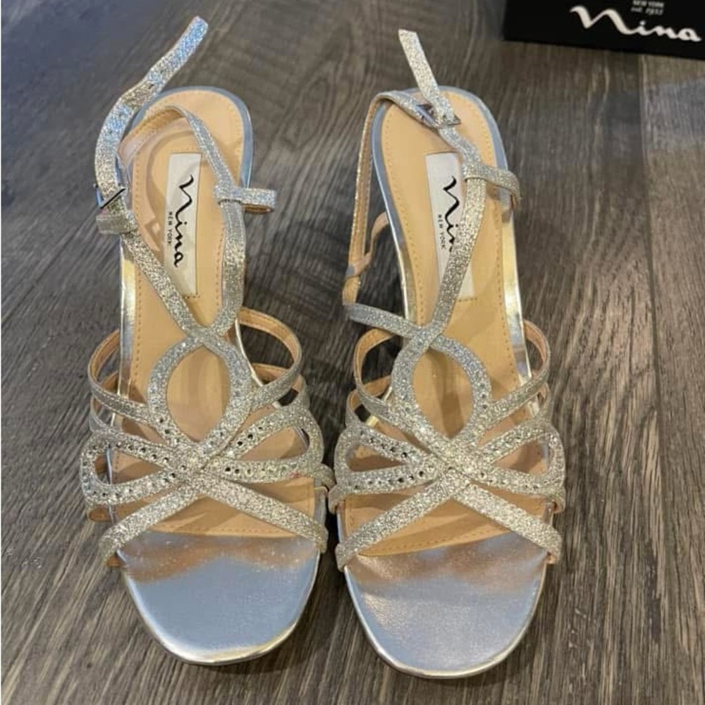 Nina silver block heels